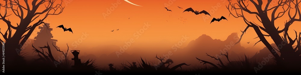 Fototapeta premium Orange halloween banner with spiderwebs and blank space for text.