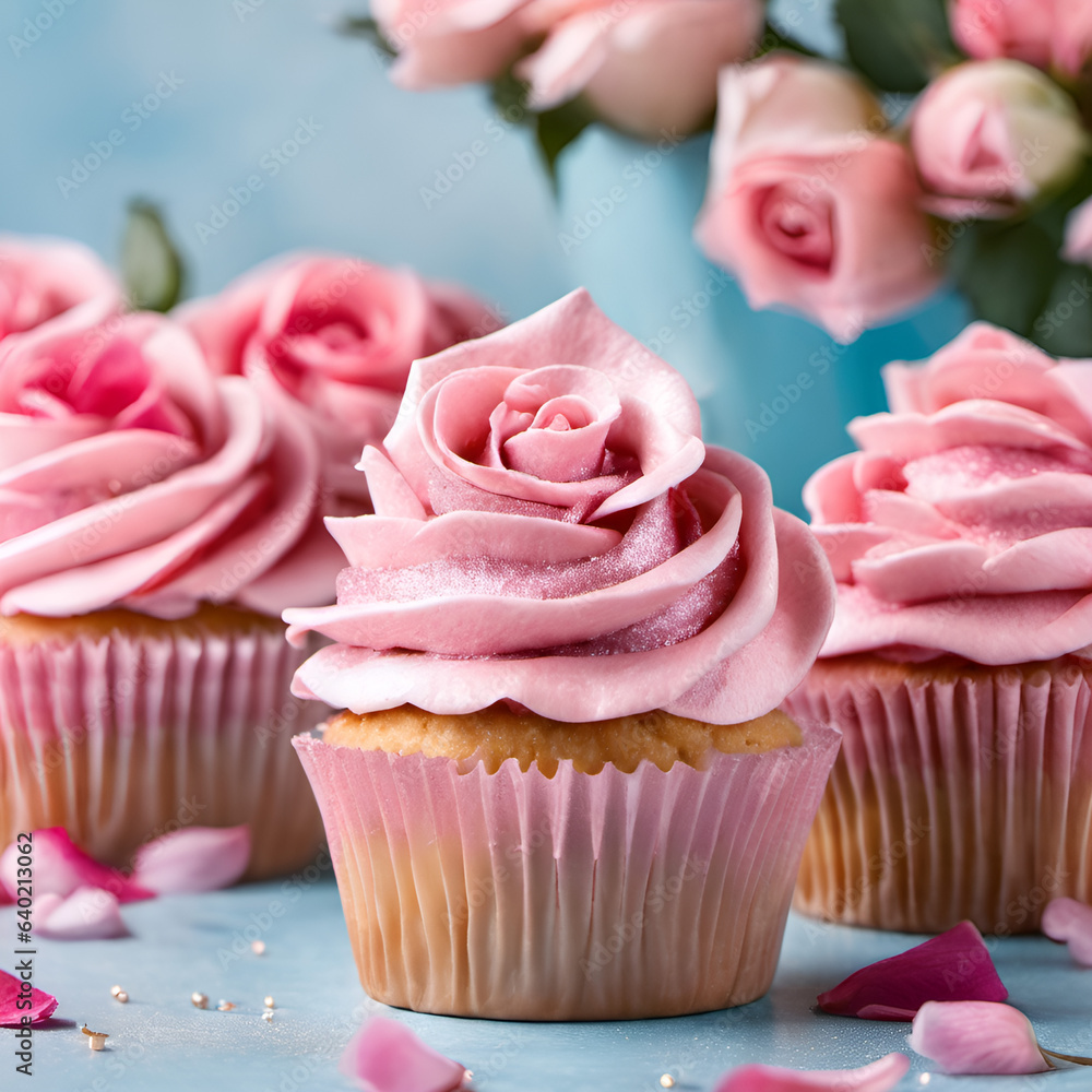 cupcakes with pink rose as a decoration