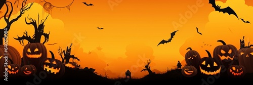 Orange halloween banner with spiderwebs and blank space for text.