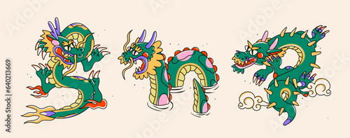 Hand drawn isolated abstract Dragons. Japanese or Chinese oriental style. Trendy colored Vector illustration. T-shirt print, logo, poster, card, design templates, tattoo idea. Symbol of 2024 new year