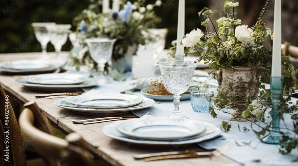 Table decor, holiday tablescape and dinner table setting in countryside garden, formal event decoration for wedding, family celebration, English country and home styling Table decor, holiday tablescape and dinner table setting in countryside garden, formal event decoration for wedding, family celebration, English country and home styling