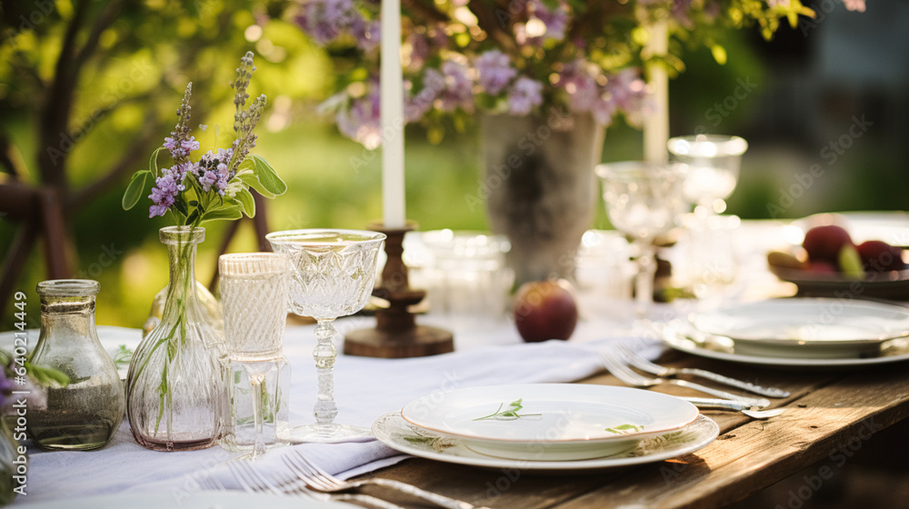 Table decor, holiday tablescape and dinner table setting in countryside garden, formal event decoration for wedding, family celebration, English country and home styling Table decor, holiday tablescape and dinner table setting in countryside garden, formal event decoration for wedding, family celebration, English country and home styling