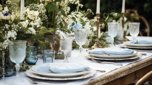 Table decor, holiday tablescape and dinner table setting in countryside garden, formal event decoration for wedding, family celebration, English country and home styling