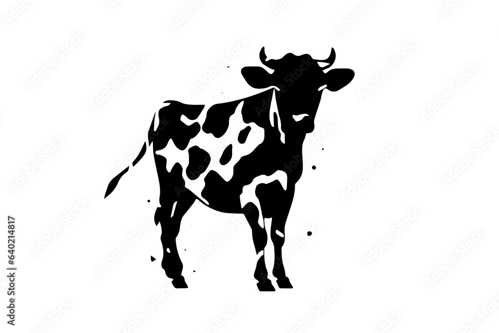 Black cow silhouette for meat industry or farmers market hand drawn stamp effect vector illustration.