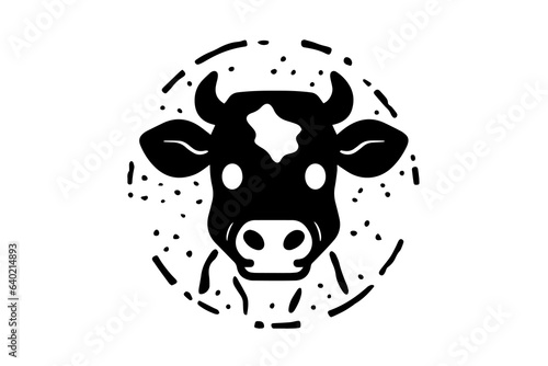 Black cow head logotype for meat industry or farmers market hand drawn stamp effect vector illustration.