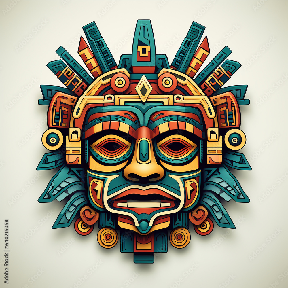 aztec mask, maya, peru, pattern on white background