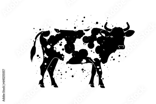 Black cow silhouette for meat industry or farmers market hand drawn stamp effect vector illustration.