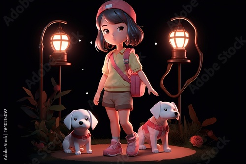 Ypung happy cute girl in pik hat with two puppies takes an evening walk in the park, illuminated by a street lanterns, forest mood, chibi 3D style. photo