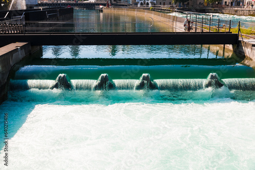 Great close-up view of the renovated hydroelectric power plant Mühlenplatz in Lucerne, equipped with the latest technology available. It produces enough to power around 1500 households in Lucerne.