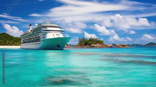 Passenger cruise ship near tropical paradise island, sea cruise vacation