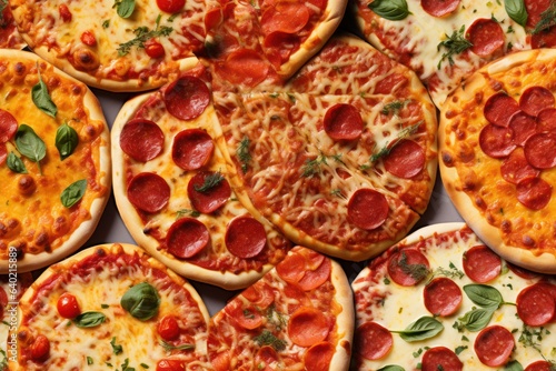 Closeup of many mixed pizzas, top view, seamless pattern. Generative Ai