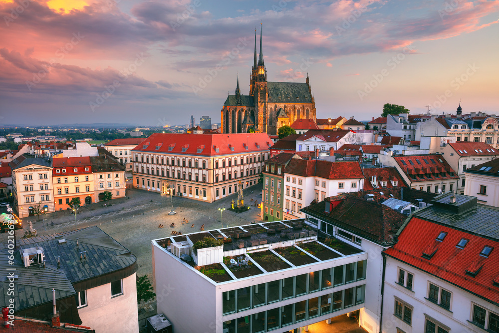 Brno, Czech Republic. Aerial cityscape image of Brno, second largest city in Czech Republic with the Cathedral of St. Peter and Paul at summer sunset.