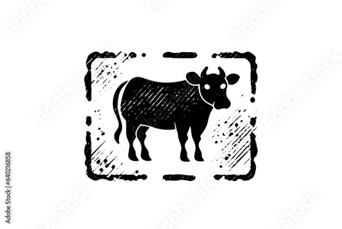 Black cow silhouette for meat industry or farmers market hand drawn stamp effect vector illustration.