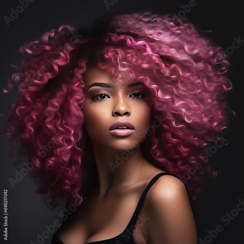 Foto This is a stunning African-American woman with light brown, pink, and curly hair against a dark backdrop