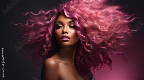 Foto This is a stunning African-American woman with light brown, pink, and curly hair against a dark backdrop