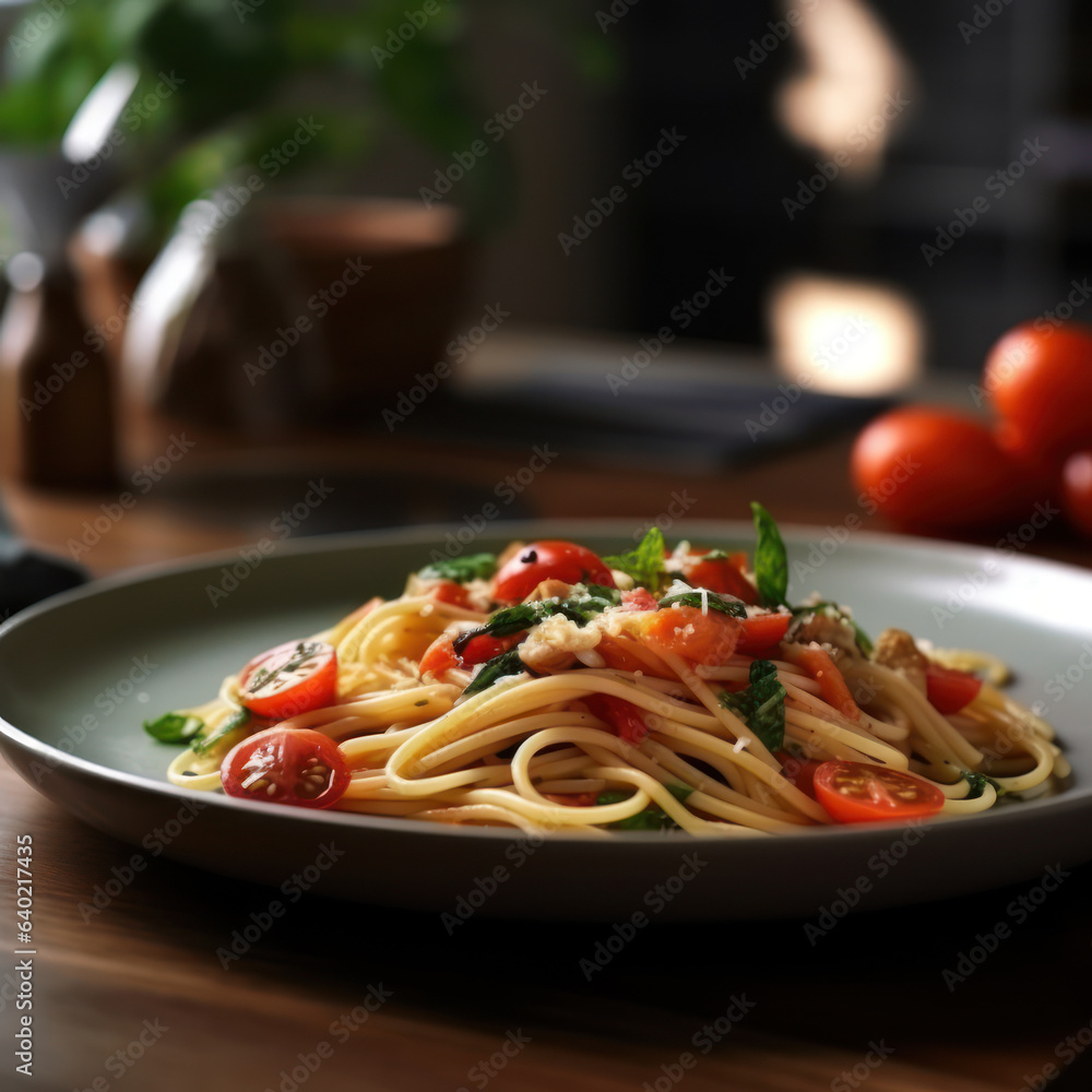 A plate of linguine with cool color aroma and taste
A plate of linguine with cool color aroma and taste