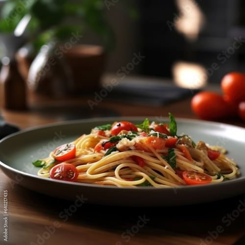  A plate of linguine with cool color aroma and taste 