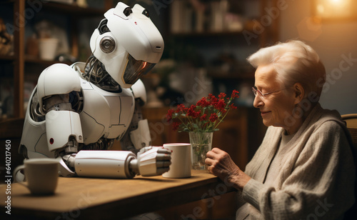humanoid AI robot assists old senior woman in her household. serving drink and food, replacing human caregiver photo