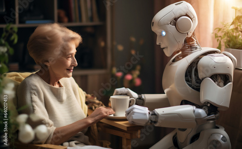 humanoid AI robot assists old senior woman in her household. serving drink and food, replacing human caregiver