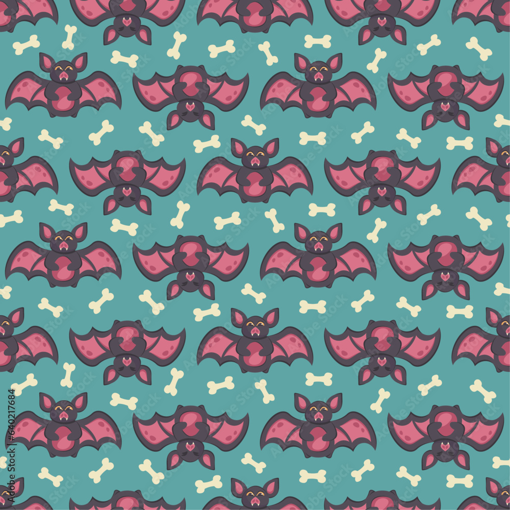 Halloween Seamless pattern. Repeated holiday print. Hand drawn doodle character. Cute spooky bats with big yellow eyes and  sleeping. Autumn holiday of dead. Printable texture background. Vector