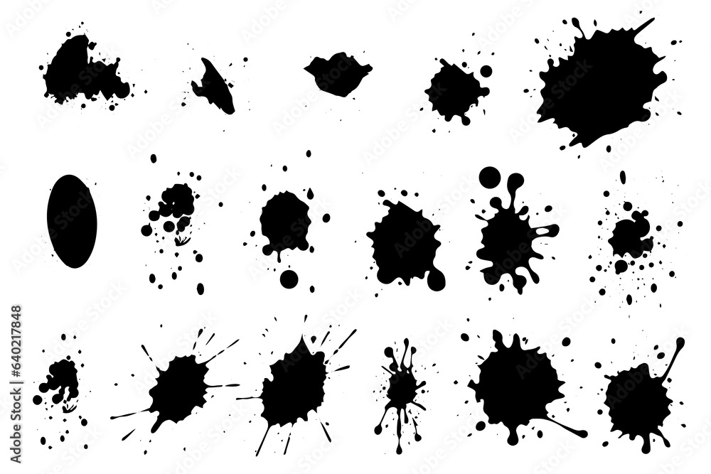 Grunge ink black paint splotch. Splash of paints, spray drops staining and frame with wet paint drop vector set. Grunge ink black paint splotch. Splash of paints, spray drops staining and frame with wet paint drop vector set.