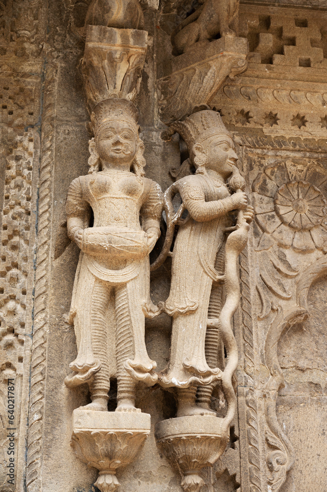 Carving details on the inner wall of Ahilya Devi Fort complex on the banks of River Narmada, Maheshwar, Madhya Pradesh, India