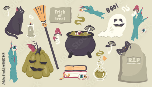 Happy Halloween. Set of hand drawn, spooky characters and elements isolated. Pumpkin, ghost, spider, candle, magic Witches' brew, tomb, mushrooms, eyes, spell book. Vector cartoon illustration