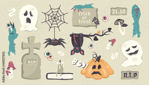 Set of Halloween icons. Hand drawn doodle  spooky characters and elements isolated. Pumpkin, ghost, spider, candle, magic book, tomb, mushrooms, eyes. Vector cartoon illustration for Halloween party