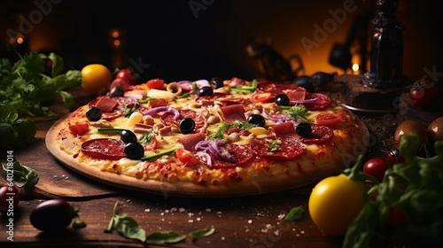 Pizza with cheese, salami, vegetables and olives