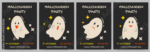 Halloween party. Greeting cards or posters set with calligraphy, ghost.