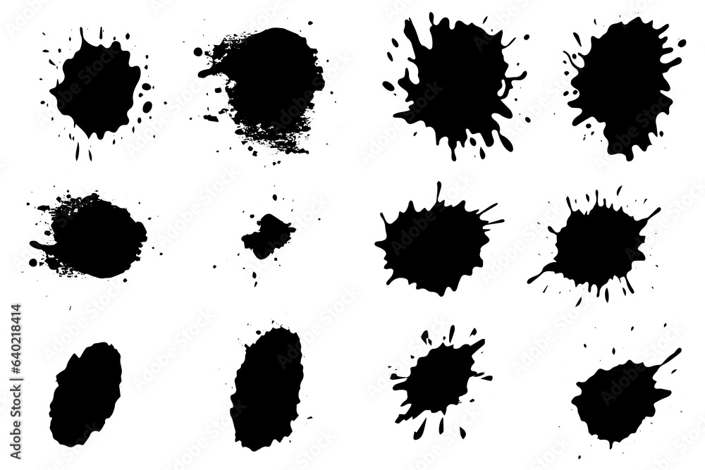Grunge ink black paint splotch. Splash of paints, spray drops staining