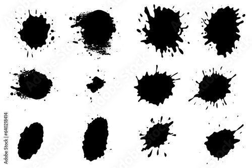 Grunge ink black paint splotch. Splash of paints, spray drops staining and frame with wet paint drop vector set.