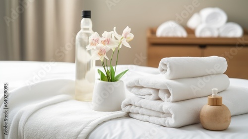 Towels with herbal bags and beauty treatment items setting in spa center in white room  Generative AI.