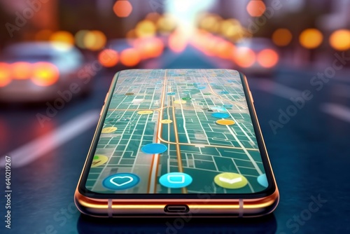 Point location. GPS concept and internet guide of travel. Point on smartphone with gps navigator icon and map on blur traffic road abstract background. The concept of online navigation