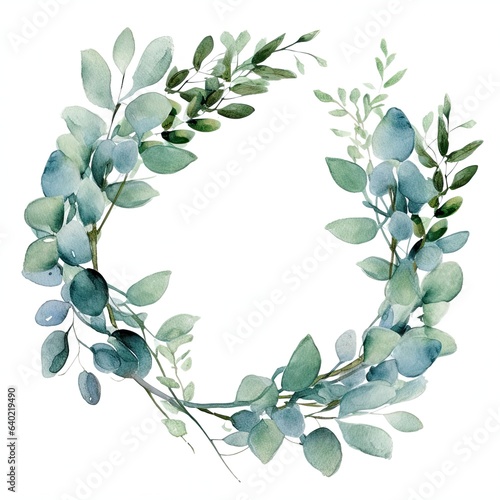 Watercolor wreath made of eucalyptus on a white background.