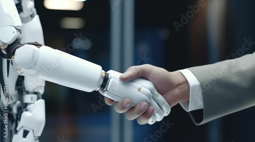 Close up hand of white AI modern robot shake hand with human in lab, successful cooperation concept, AI generative