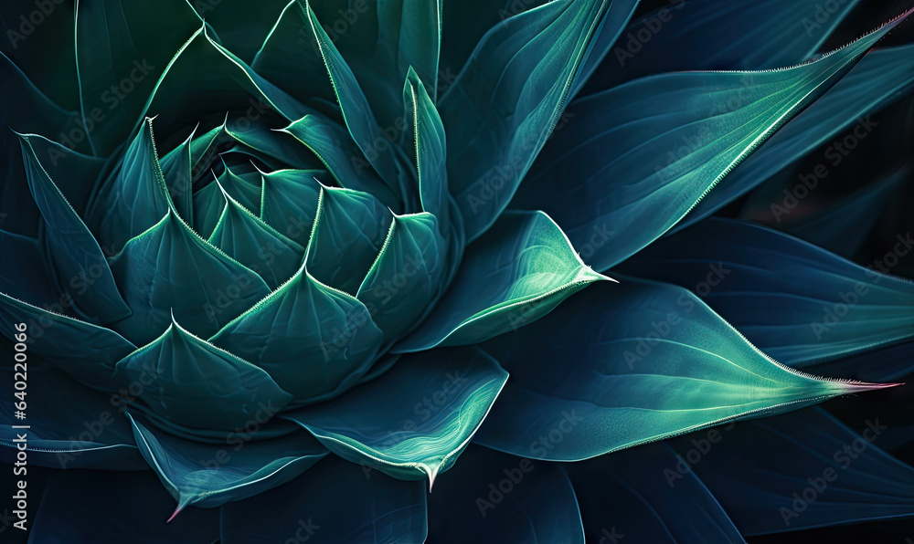 Obraz premium Tropical succulents wallpaper. Textured blue agave banner. For postcard, book illustration. Created with generative AI tools