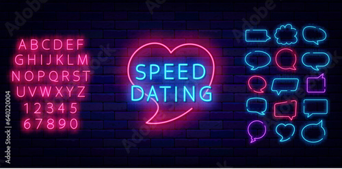 Speed dating neon label. Heart shape decor. Glowing pink alphabet. Speech bubbles frames set. Vector illustration