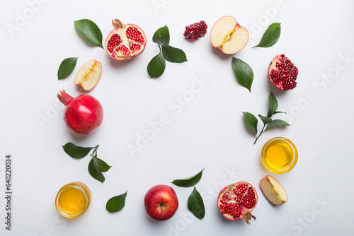 Fototapeta Naklejka Na Ścianę i Meble -  Rosh hashanah concept. Frame made of symbols jewish New Year holiday Traditional. Top view with copy space