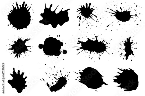 Grunge ink black paint splotch. Splash of paints, spray drops staining and frame with wet paint drop vector set.