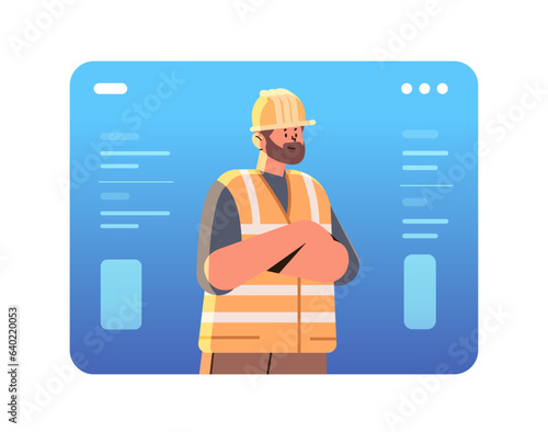 inspector or foreman in hardhat controlling building process inspector in uniform happy labor day celebration concept