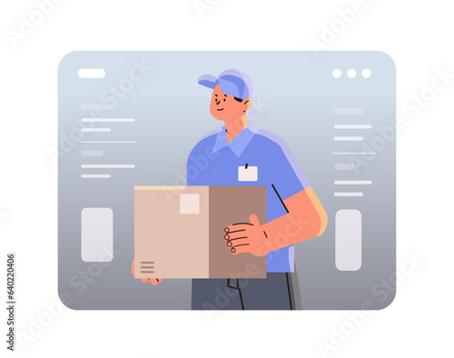 deliveryman holding cardboard box courier carrying parcel express delivery service happy labor day celebration concept