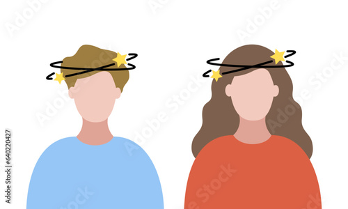 Set of dizzy man and woman people character. Healthcare concept. Flat vector design illustration.