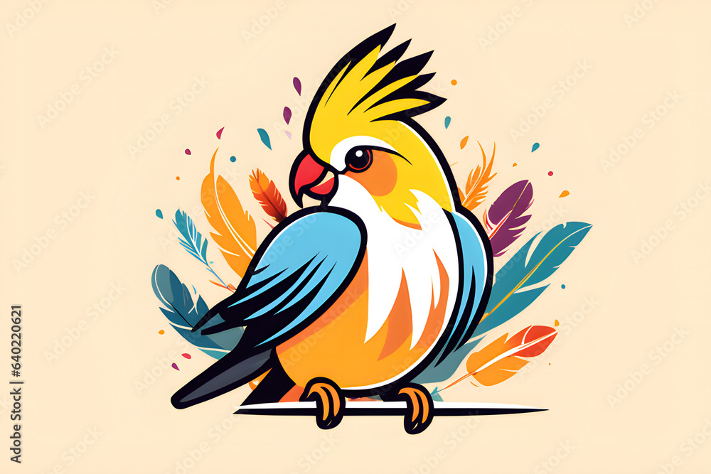 Cockatiel in bright colors illustration and be happy with some falling feathers around it. Logo design concept or icon