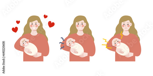 Set of happy Mother holding newborn baby. Tired sad Mum taking care crying child. Motherhood, mental health, parenting concept. Flat character design illustration.
