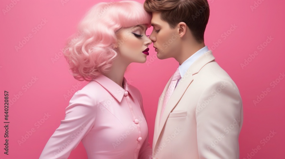 Concept for Valentine's Day. Loving couple in pastel pink colors.