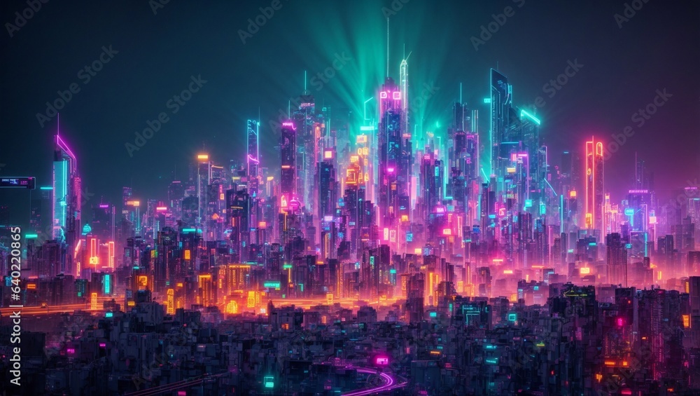 A futuristic, cyberpunk cityscape of polygonal, illuminated by a bright, neon glow.