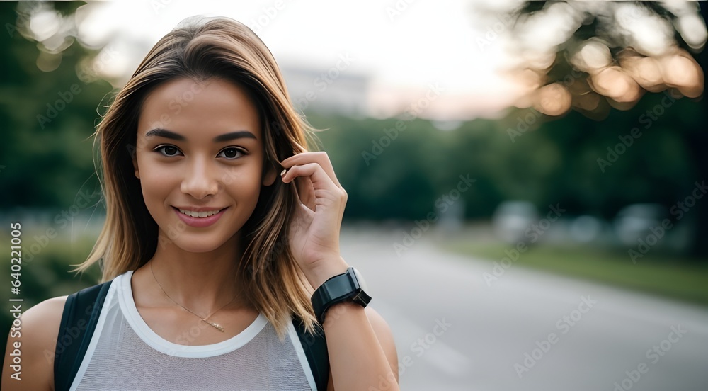 Attractive Woman wear smart watch Tucking Hair in Ear Close-up in Nature