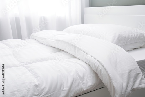 A serene white bed is adorned with fluffy pillows and a crumpled duvet, making it the perfect place to relax and sleep peacefully.