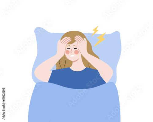 Depressed woman with insomnia problem. Sick girl with headache lying on bed. Flat character vector design isolated illustration. 